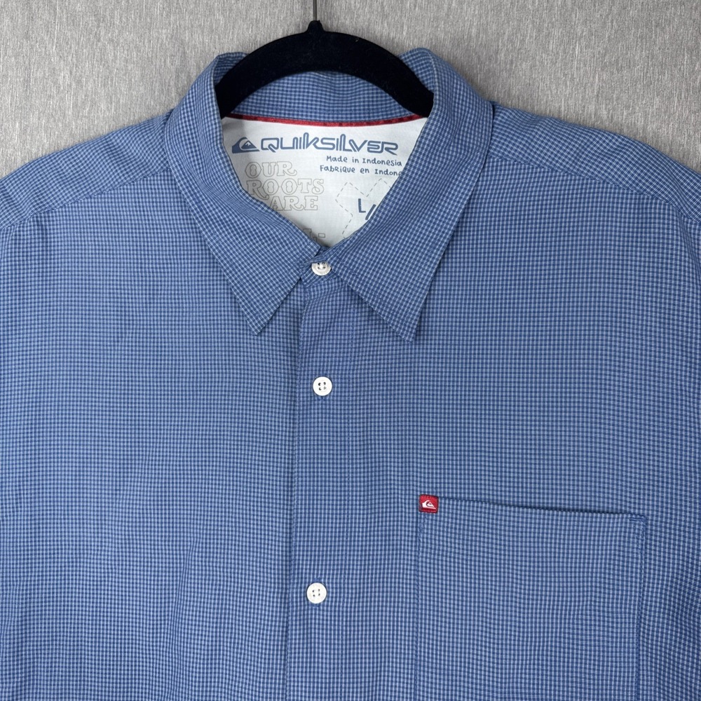 Quicksilver Shirt Blue Gingham Micro Check Short Sleeve Button Down Large Men's